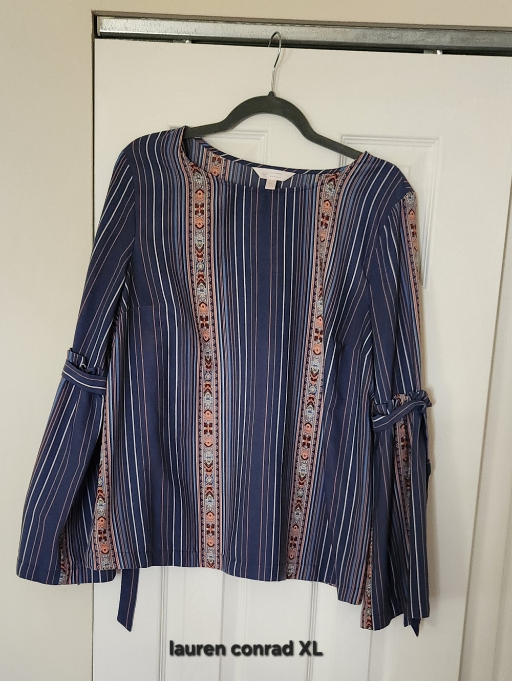 LC Lauren Conrad Navy Striped Embroidered Long-Sleeve Top - Navy